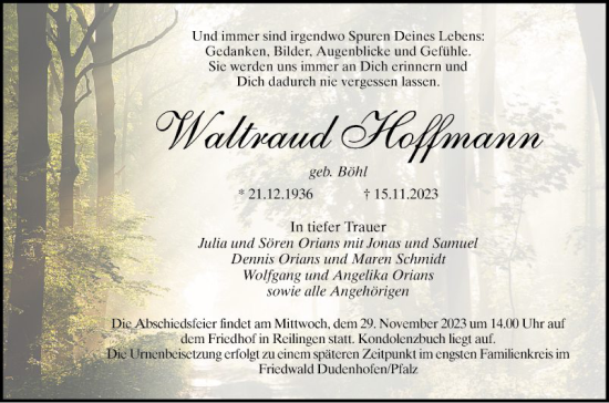 Traueranzeige von Waltraud Hoffmann von Schwetzinger Zeitung