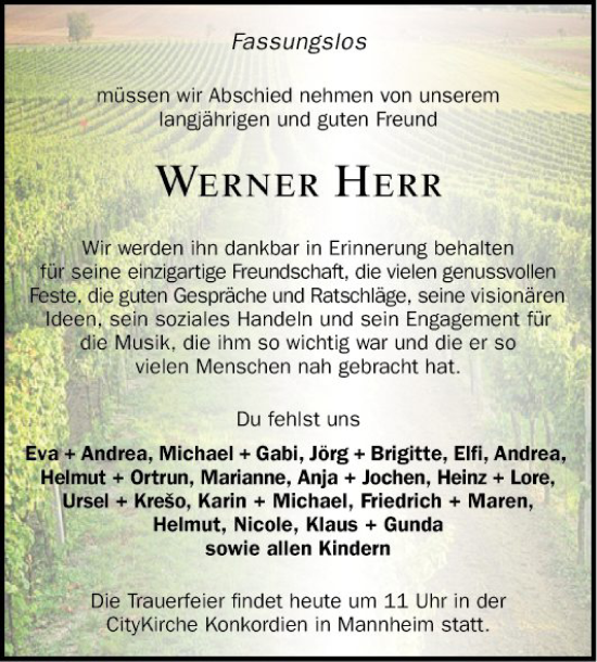 Traueranzeige von Werner Herr von Mannheimer Morgen