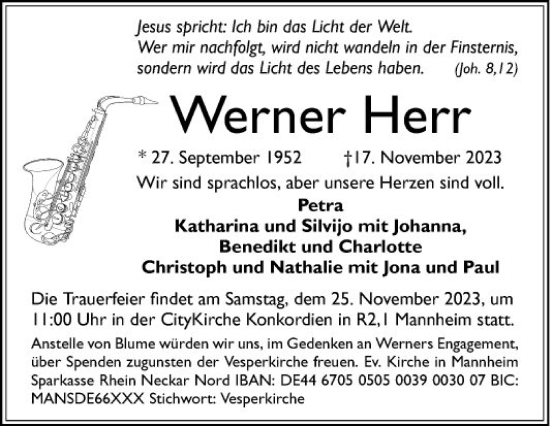 Traueranzeige von Werner Herr von Mannheimer Morgen