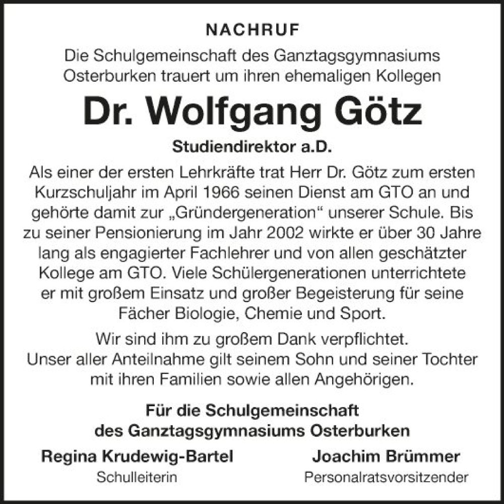  Traueranzeige für Wolfgang Götz vom 21.11.2023 aus Fränkische Nachrichten