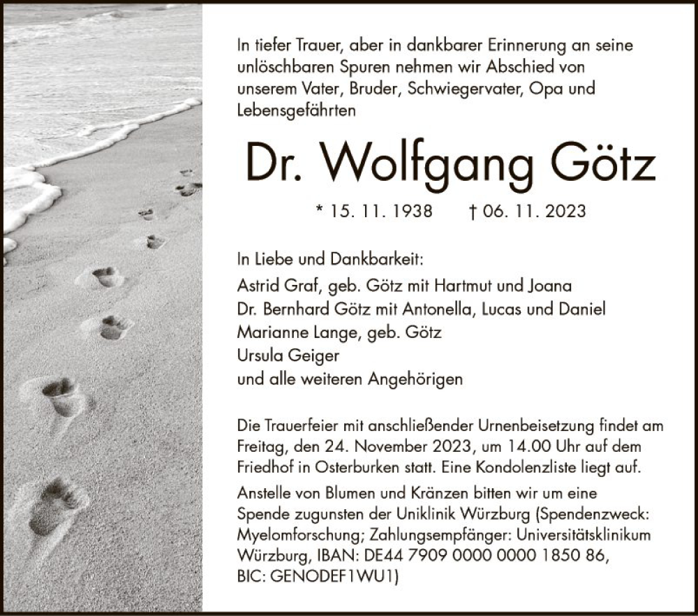  Traueranzeige für Wolfgang Götz vom 18.11.2023 aus Fränkische Nachrichten