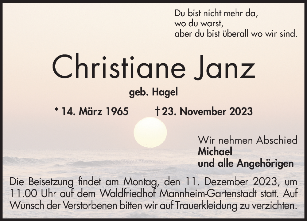  Traueranzeige für Christiane Janz vom 02.12.2023 aus Mannheimer Morgen