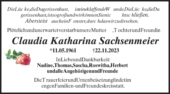 Traueranzeige von Claudia Sachsenmeier von Mannheimer Morgen