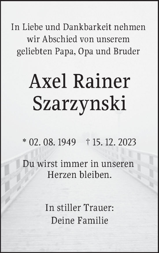Traueranzeige von Axel Rainer Szarzynski von Mannheimer Morgen
