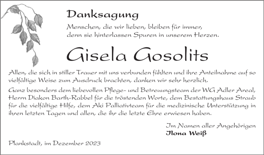  Traueranzeige für Gisela Gosolits vom 02.12.2023 aus Schwetzinger Zeitung
