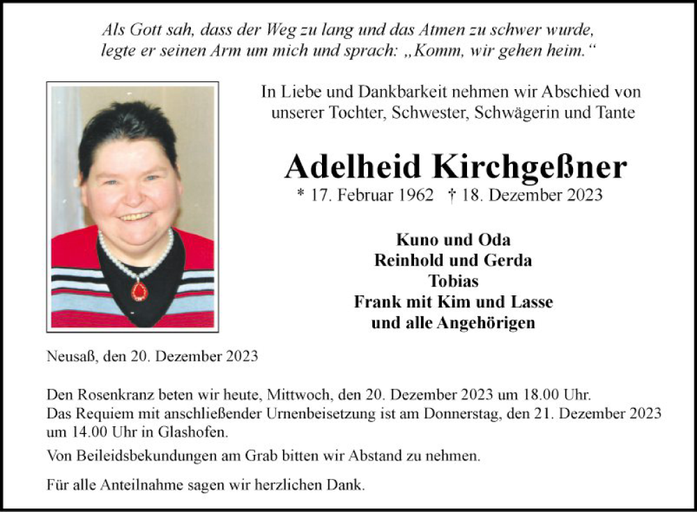  Traueranzeige für Adelheid Kirchgeßner vom 20.12.2023 aus Fränkische Nachrichten