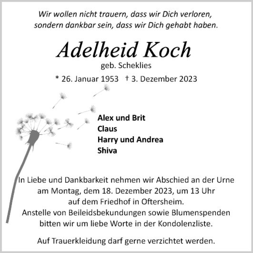  Traueranzeige für Adelheid Koch vom 13.12.2023 aus Schwetzinger Zeitung