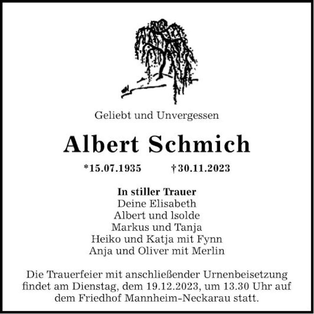  Traueranzeige für Albert Schmich vom 16.12.2023 aus Mannheimer Morgen