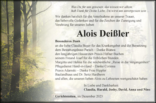 Traueranzeige von Alois Deißler von Fränkische Nachrichten