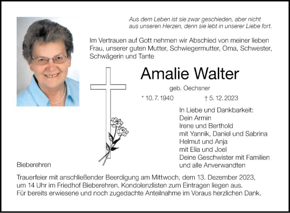  Traueranzeige für Amalie Walter vom 09.12.2023 aus Fränkische Nachrichten