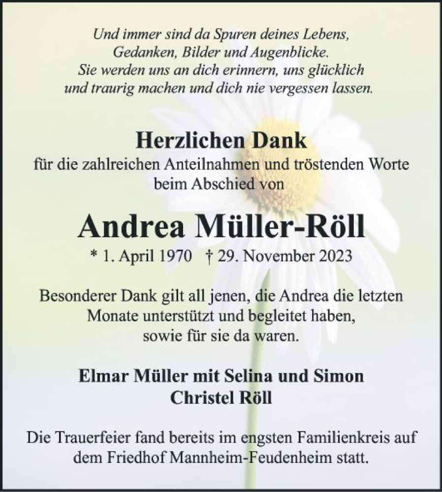  Traueranzeige für Andrea Müller-Röll vom 30.12.2023 aus Mannheimer Morgen