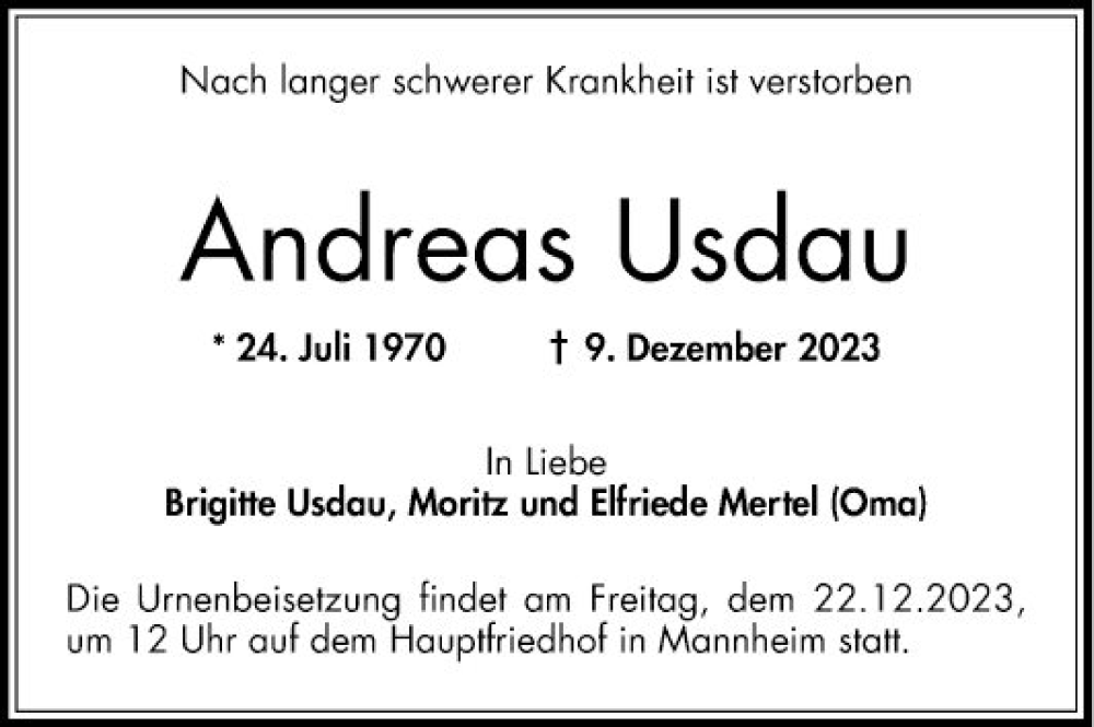  Traueranzeige für Andreas Usdau vom 16.12.2023 aus Mannheimer Morgen