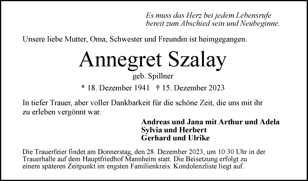  Traueranzeige für Annegret Szalay vom 23.12.2023 aus Mannheimer Morgen
