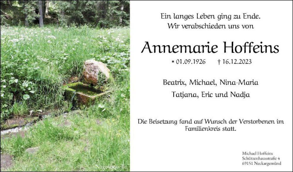  Traueranzeige für Annemarie Hoffeins vom 30.12.2023 aus Mannheimer Morgen