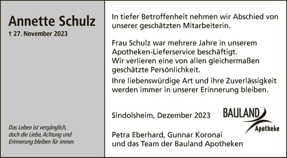  Traueranzeige für Annette Schulz vom 02.12.2023 aus Fränkische Nachrichten