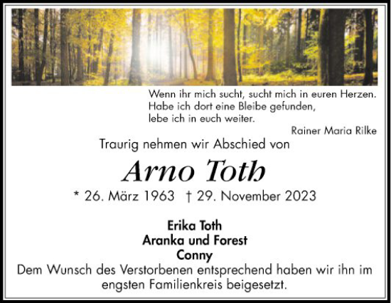 Traueranzeige von Arno Toth von Schwetzinger Zeitung