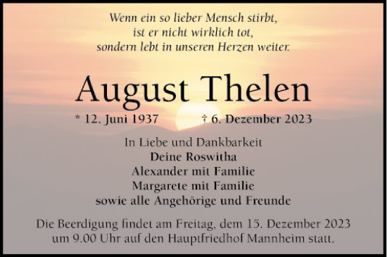 Traueranzeige von August Thelen von Mannheimer Morgen