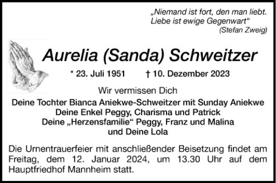 Traueranzeige von Aurelia Schweitzer von Mannheimer Morgen