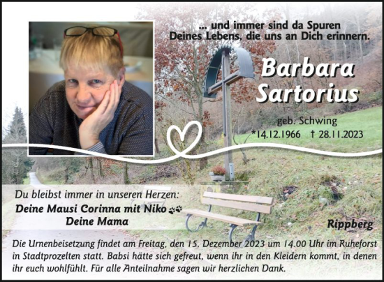 Traueranzeige von Barbara Sartorius von Fränkische Nachrichten