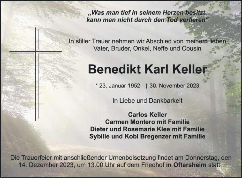  Traueranzeige für Benedikt Karl Keller vom 09.12.2023 aus Schwetzinger Zeitung