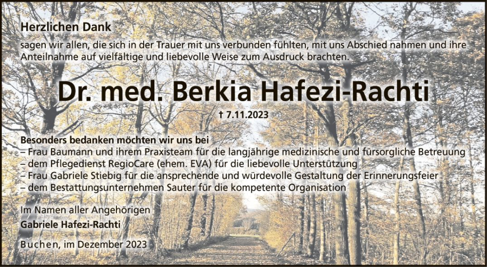  Traueranzeige für Berkia Hafezi-Rachti vom 02.12.2023 aus Fränkische Nachrichten