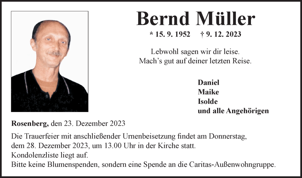  Traueranzeige für Bernd Müller vom 23.12.2023 aus Fränkische Nachrichten
