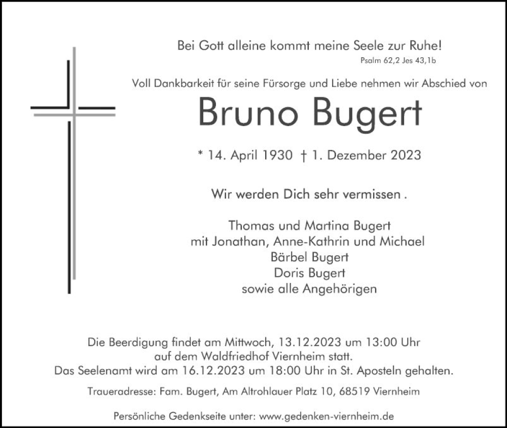  Traueranzeige für Bruno Bugert vom 09.12.2023 aus Mannheimer Morgen