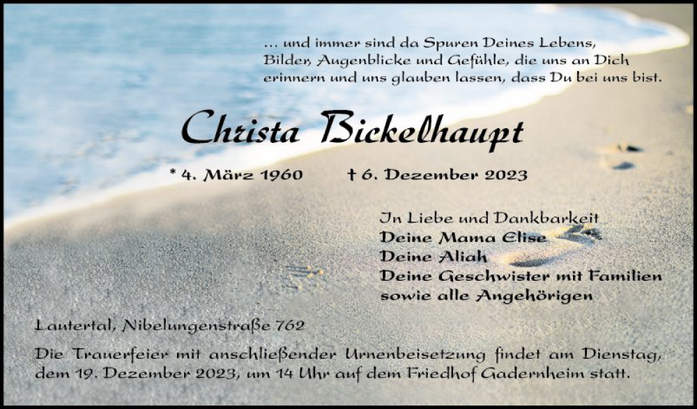  Traueranzeige für Christa Bickelhaupt vom 16.12.2023 aus Bergsträßer Anzeiger