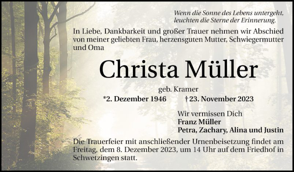  Traueranzeige für Christa Müller vom 02.12.2023 aus Schwetzinger Zeitung