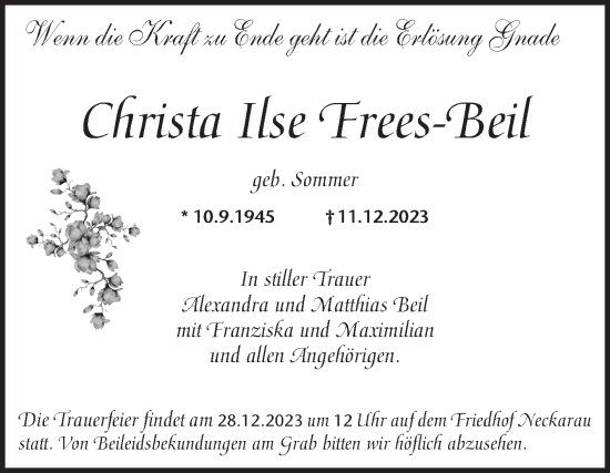 Traueranzeige von Christa Ilse Frees-Beil von Mannheimer Morgen