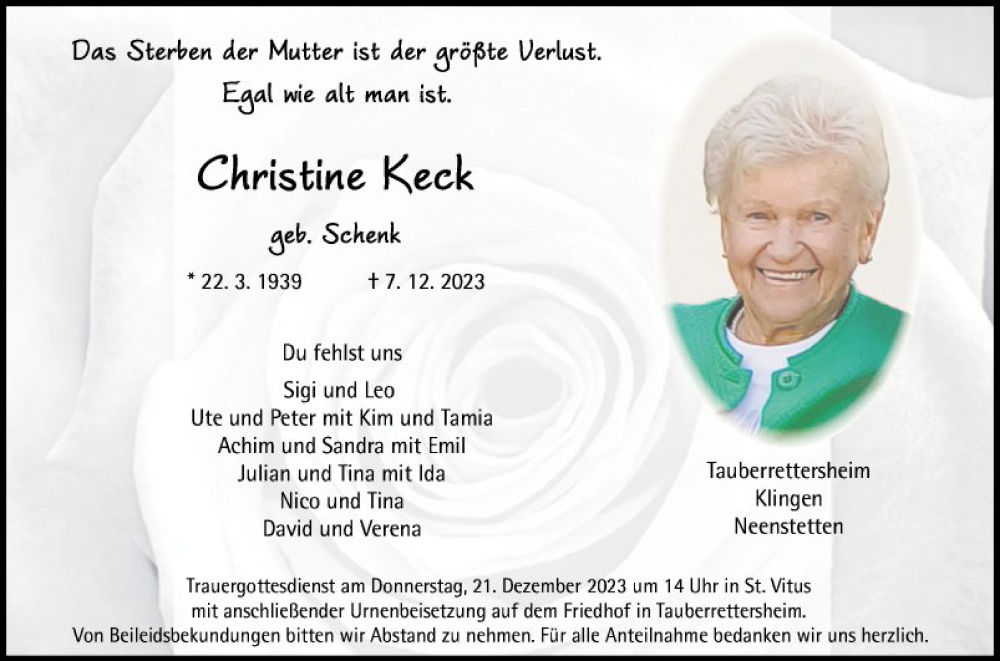  Traueranzeige für Christine Keck vom 16.12.2023 aus Fränkische Nachrichten