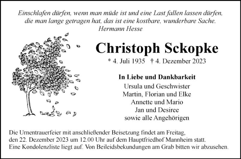  Traueranzeige für Christoph Sckopke vom 09.12.2023 aus Mannheimer Morgen