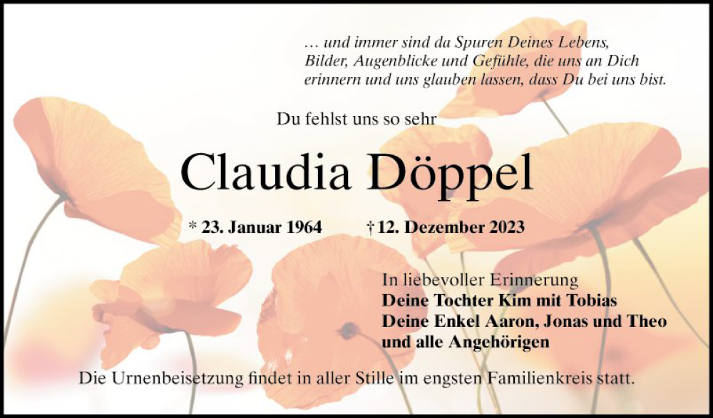  Traueranzeige für Claudia Döppel vom 20.12.2023 aus Bergsträßer Anzeiger