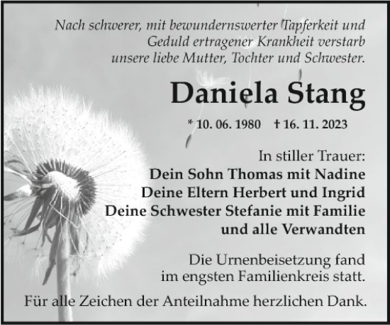 Traueranzeige von Daniela Stang von Fränkische Nachrichten