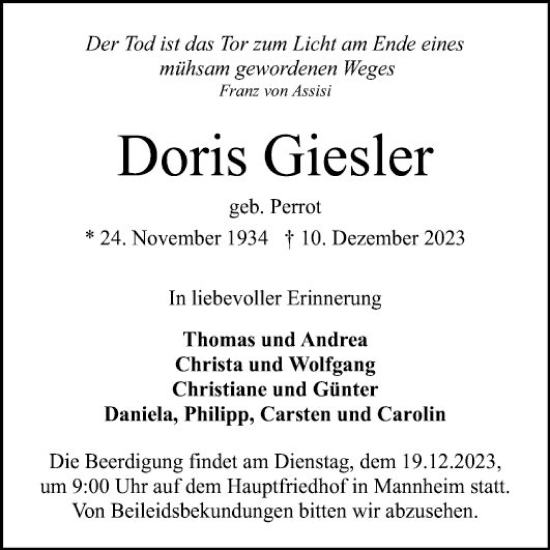 Traueranzeige von Doris Giesler von Mannheimer Morgen