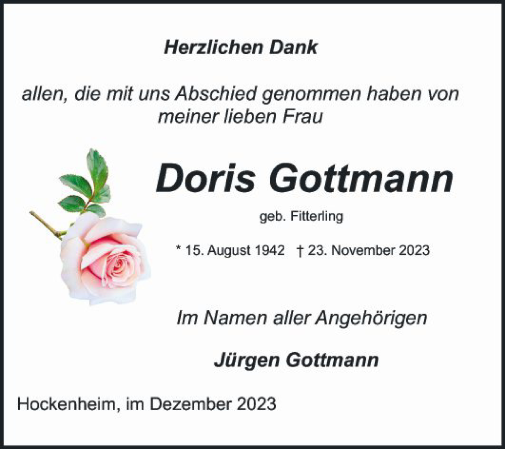  Traueranzeige für Doris Gottmann vom 20.12.2023 aus Schwetzinger Zeitung