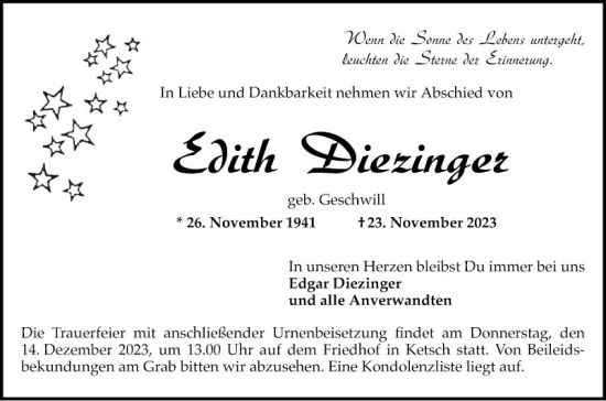Traueranzeige von Edgar Diezinger von Schwetzinger Zeitung