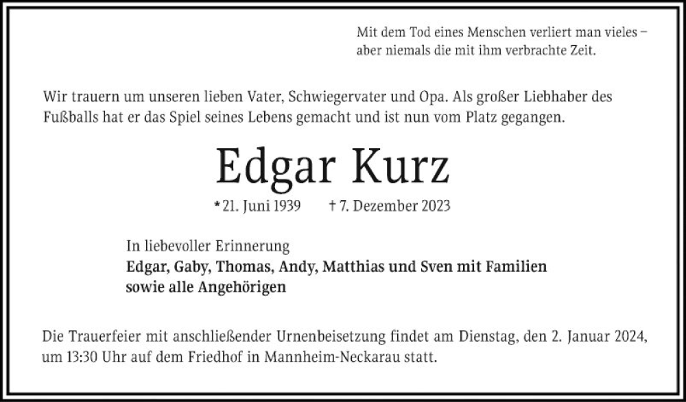  Traueranzeige für Edgar Kurz vom 30.12.2023 aus Mannheimer Morgen