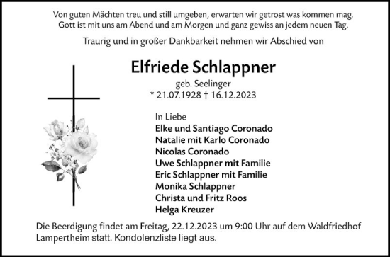 Traueranzeige von Elfriede Schlappner von Mannheimer Morgen