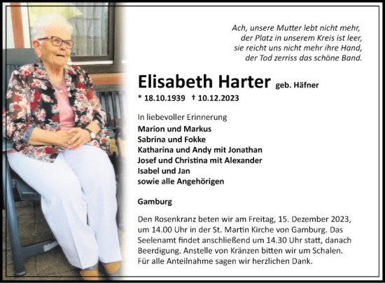 Traueranzeige von Elisabeth Harter von Fränkische Nachrichten