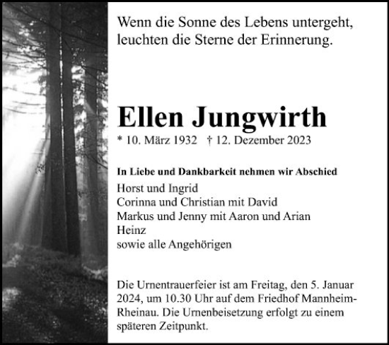 Traueranzeige von Ellen Jungwirth von Mannheimer Morgen