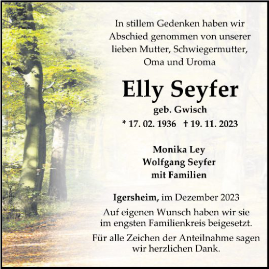 Traueranzeige von Elly Seyfer von Fränkische Nachrichten