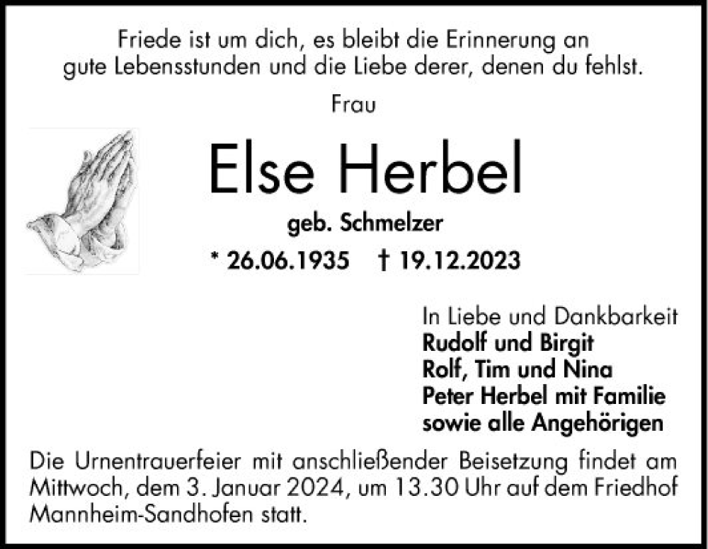  Traueranzeige für Else Herbel vom 30.12.2023 aus Mannheimer Morgen