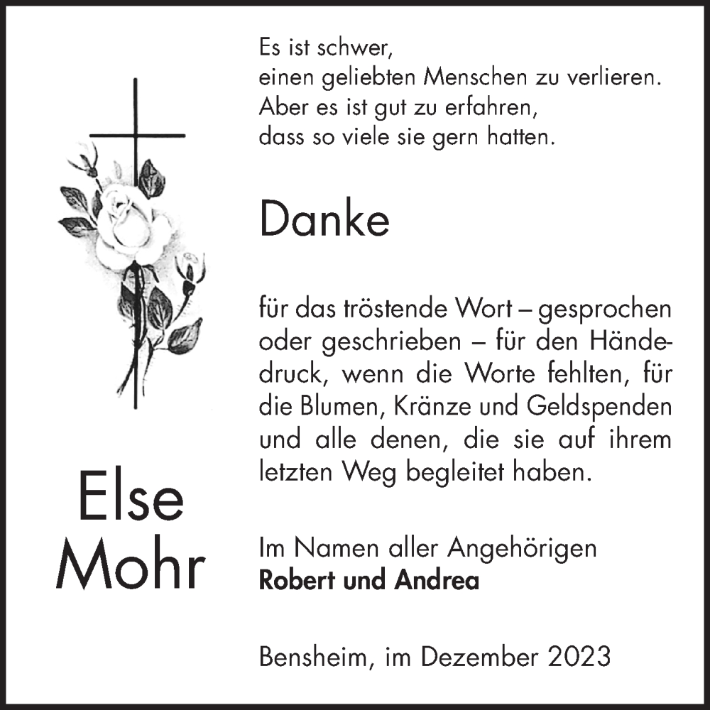  Traueranzeige für Else Mohr vom 23.12.2023 aus Bergsträßer Anzeiger
