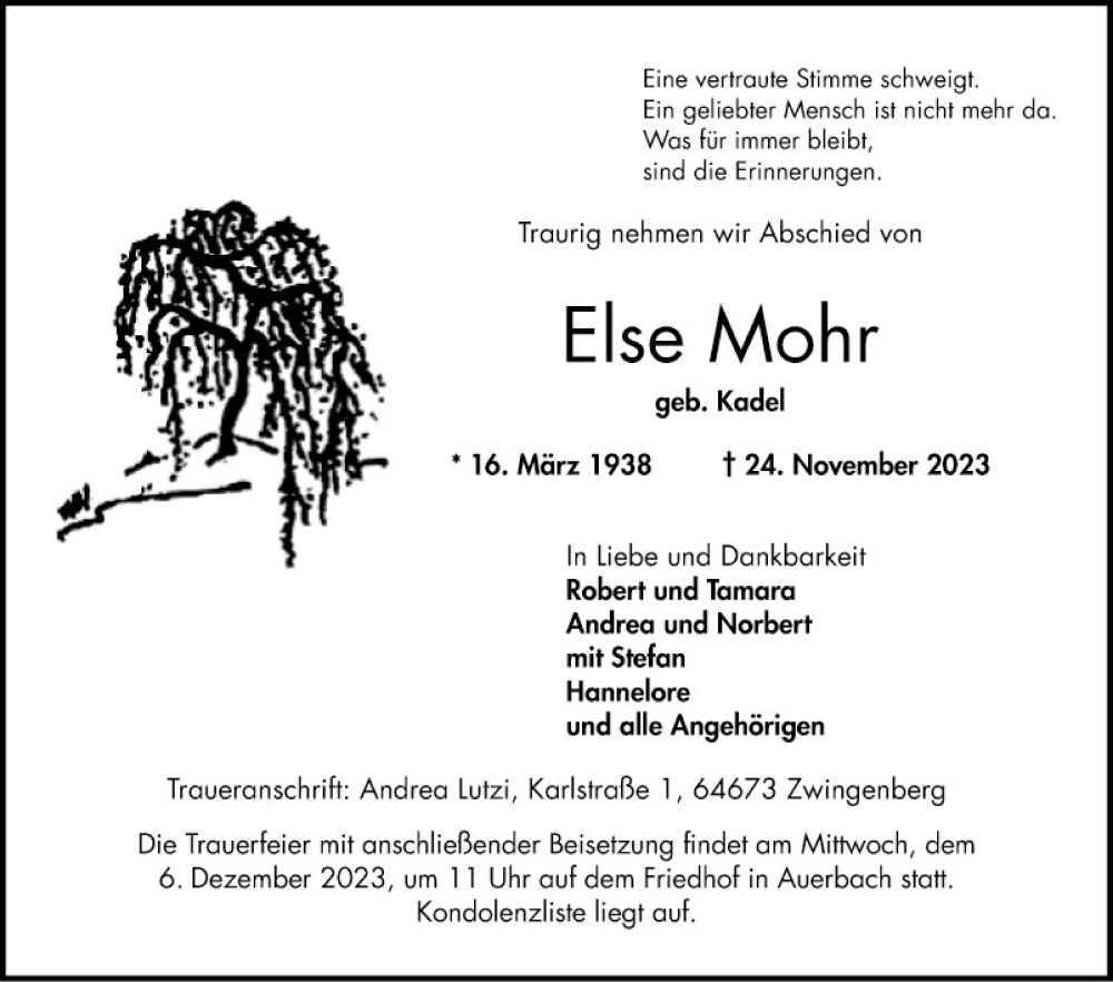  Traueranzeige für Else Mohr vom 02.12.2023 aus Bergsträßer Anzeiger