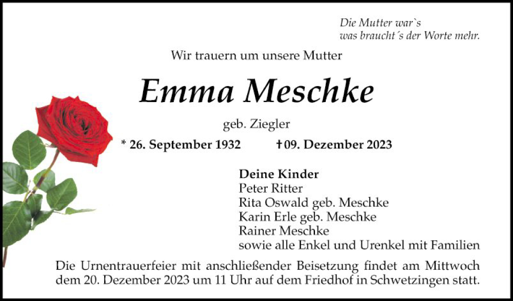  Traueranzeige für Emma Meschke vom 16.12.2023 aus Schwetzinger Zeitung