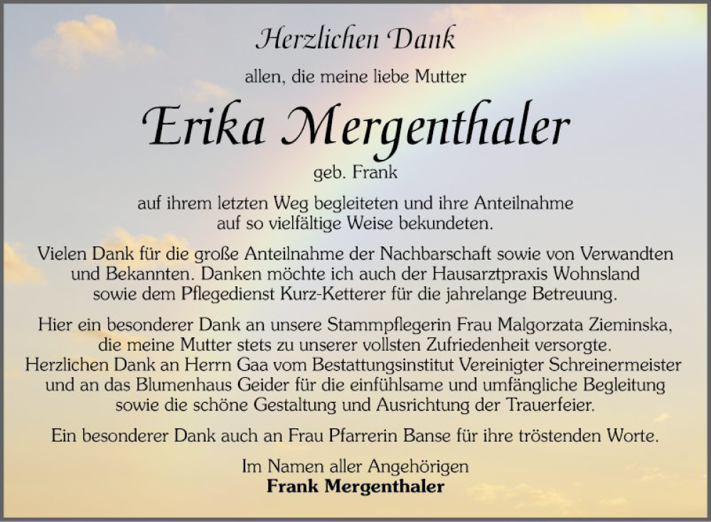  Traueranzeige für Erika Mergenthaler vom 16.12.2023 aus Schwetzinger Zeitung
