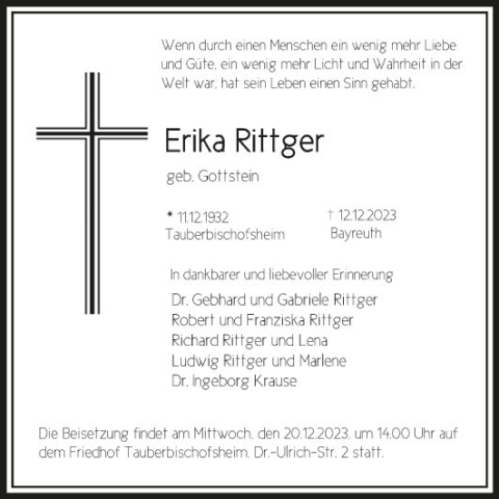 Traueranzeige von Erika Rittger von Fränkische Nachrichten