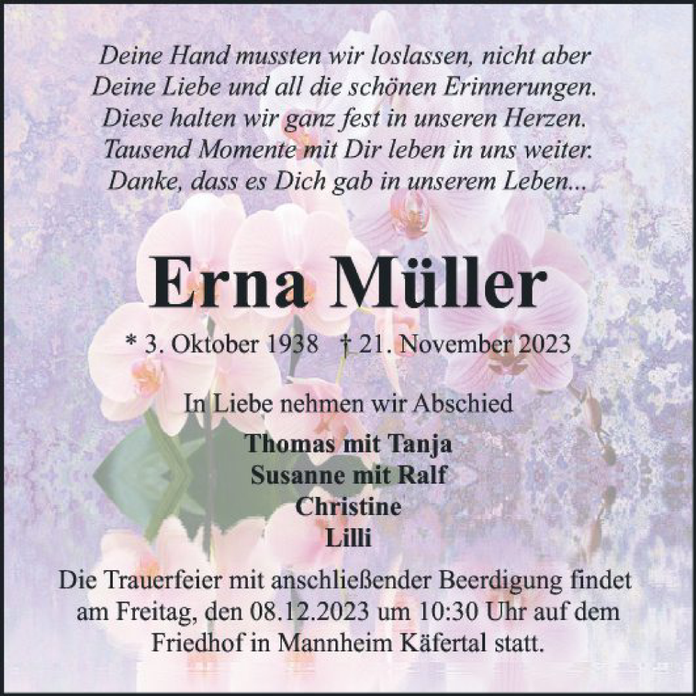  Traueranzeige für Erna Müller vom 02.12.2023 aus Mannheimer Morgen