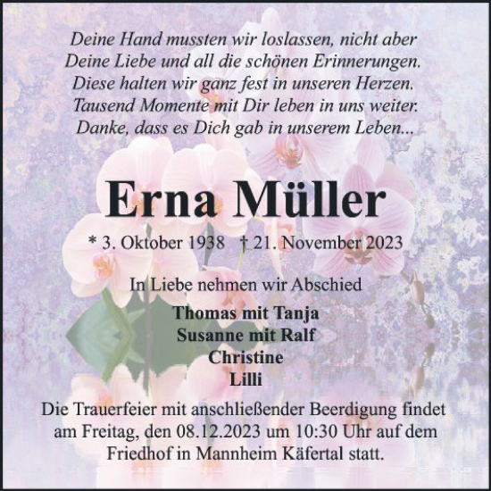 Traueranzeige von Erna Müller von Mannheimer Morgen